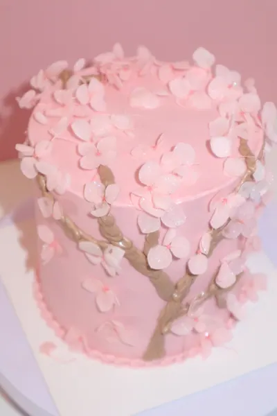 Rosa kage med blomster og gyldne grene