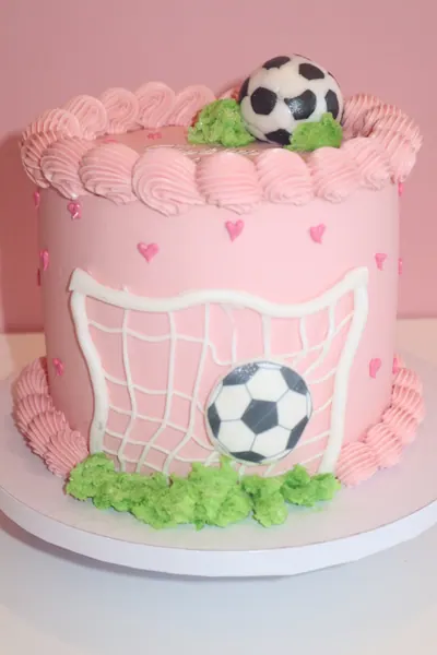 Rosa fodboldkage med grøn bane, net og små fodbolde