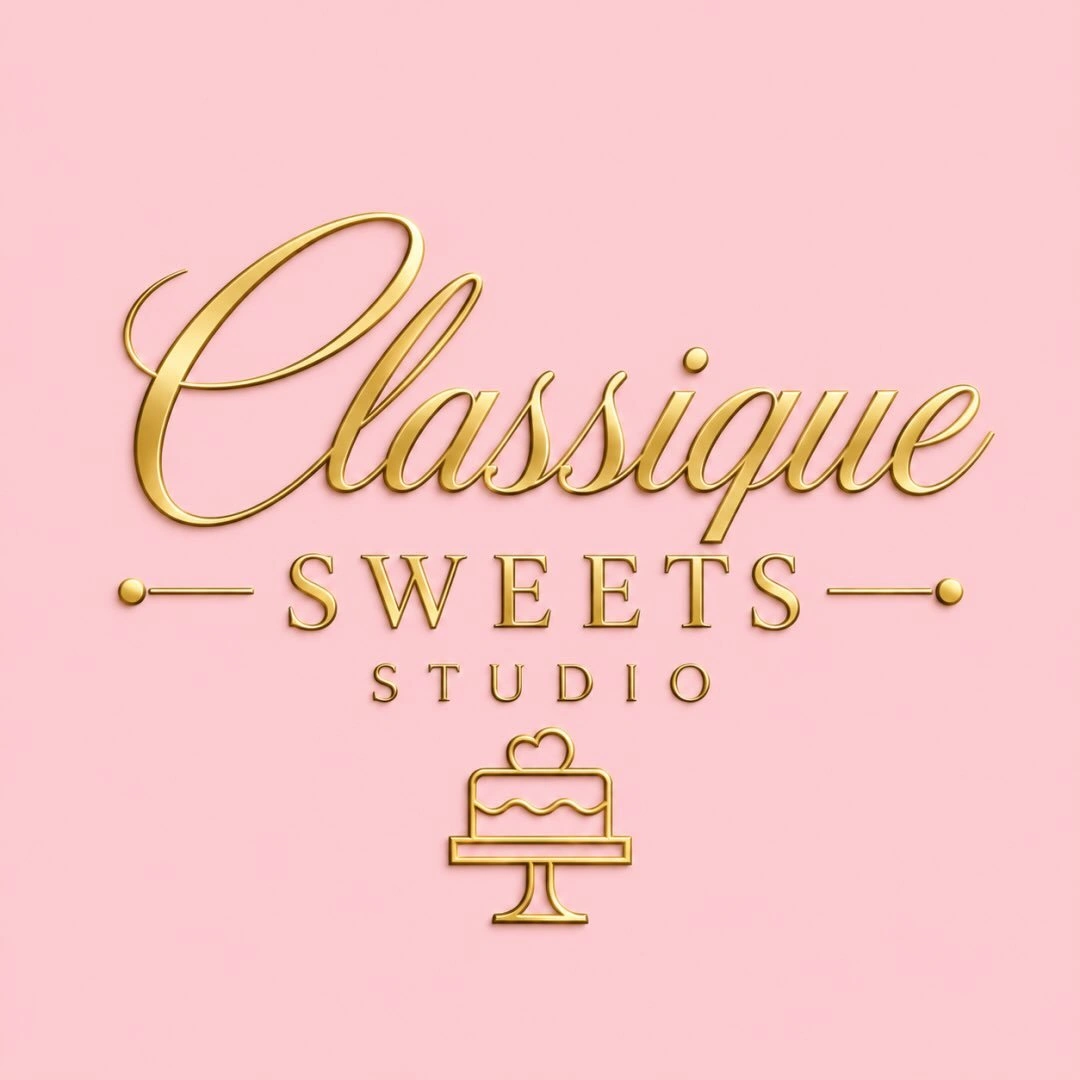 Classique Sweets Studio, originalt rosa og gyldent logo